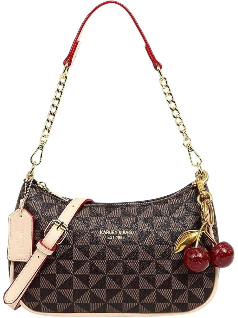 👜Women's Khaki Cherry PU Leather Gold Chain Hobo Shoulder Bag Zipper Handbag